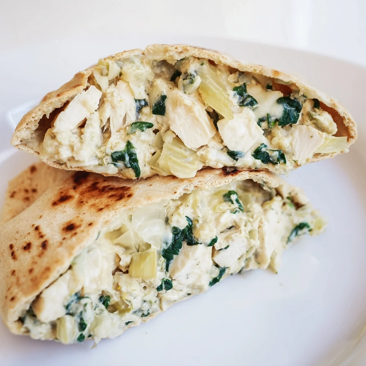 Freshly baked spinach artichoke chicken stuffed pita pockets on a wooden board, garnished with parsley and lemon wedges.