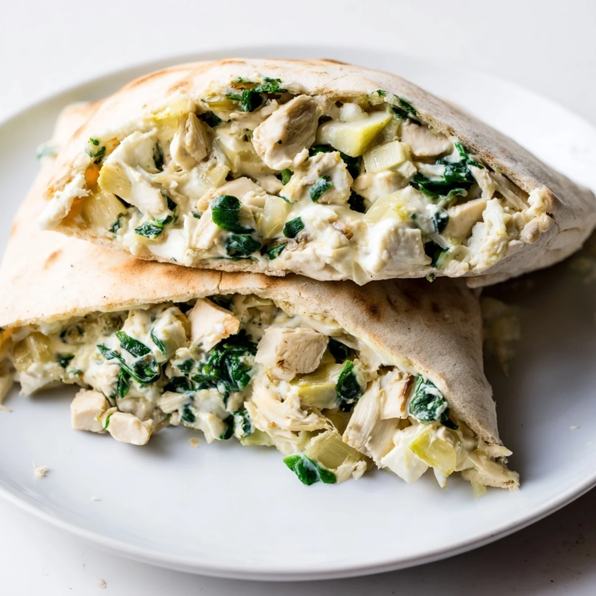 Golden-brown baked pita halves stuffed with creamy spinach artichoke chicken, served warm with melted mozzarella oozing out.