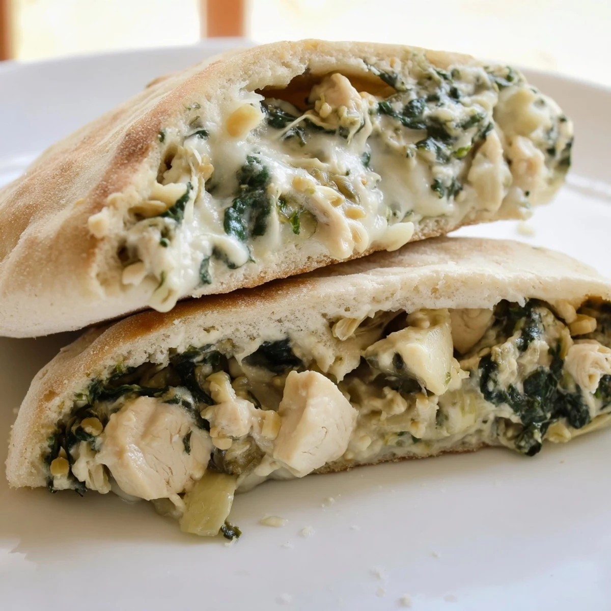 Overhead view of a Mediterranean-American spinach artichoke chicken stuffed pita on a plate, ready for a light dinner.