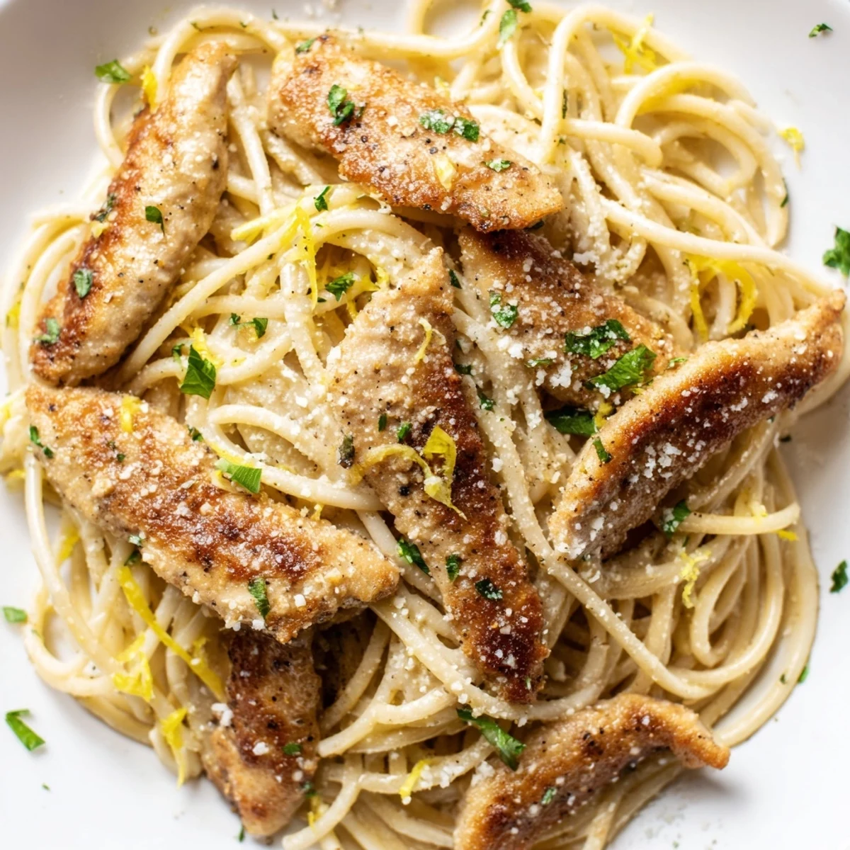 Golden seared chicken strips rest atop spaghetti tossed in nutty brown butter, bright lemon, and fresh parsley, served with extra lemon wedges.
