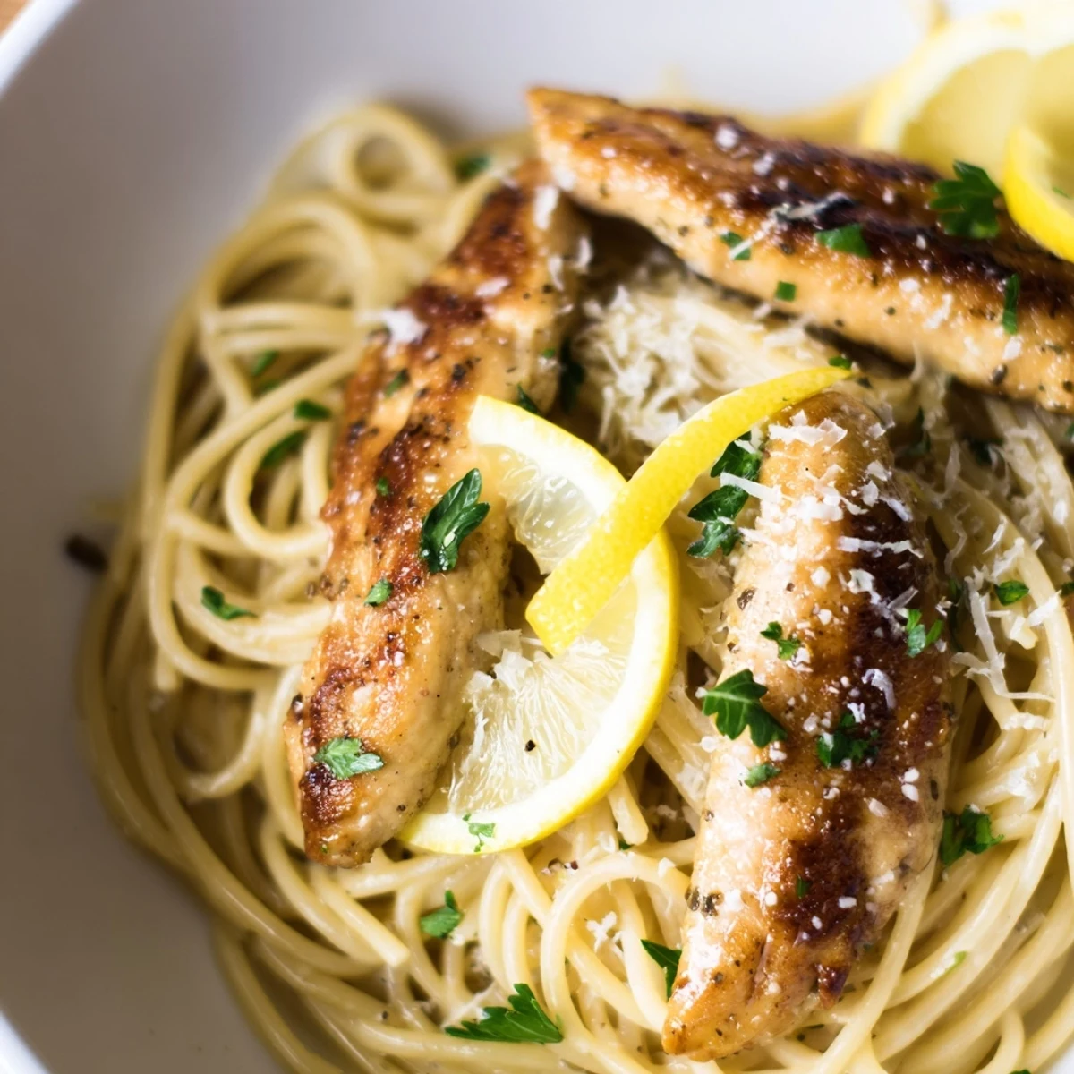 A close-up of Brown Butter Lemon Chicken Pasta with glossy sauce, garlic, and red pepper flakes, ready for an easy Italian-American weeknight dinner.