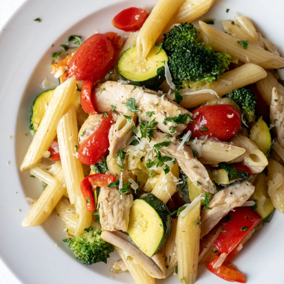 Colorful penne pasta with garlic herb chicken, zucchini, bell peppers, and cherry tomatoes ready to serve.  