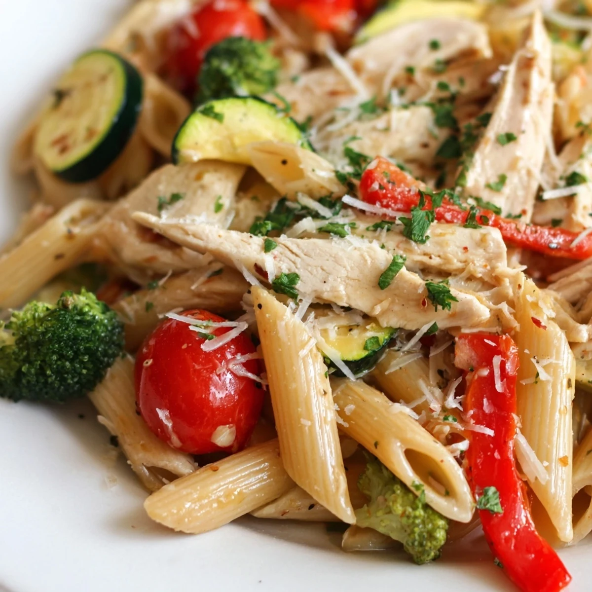 Juicy garlic herb chicken and roasted vegetables tossed with al dente penne and Parmesan cheese in a skillet.  