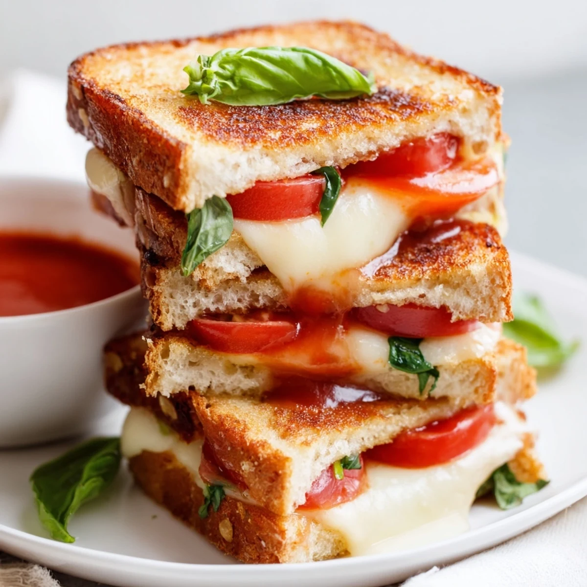 Golden, melty Caprese Grilled Cheese Dippers with fresh mozzarella, tomato, and basil, served with warm marinara for dipping.