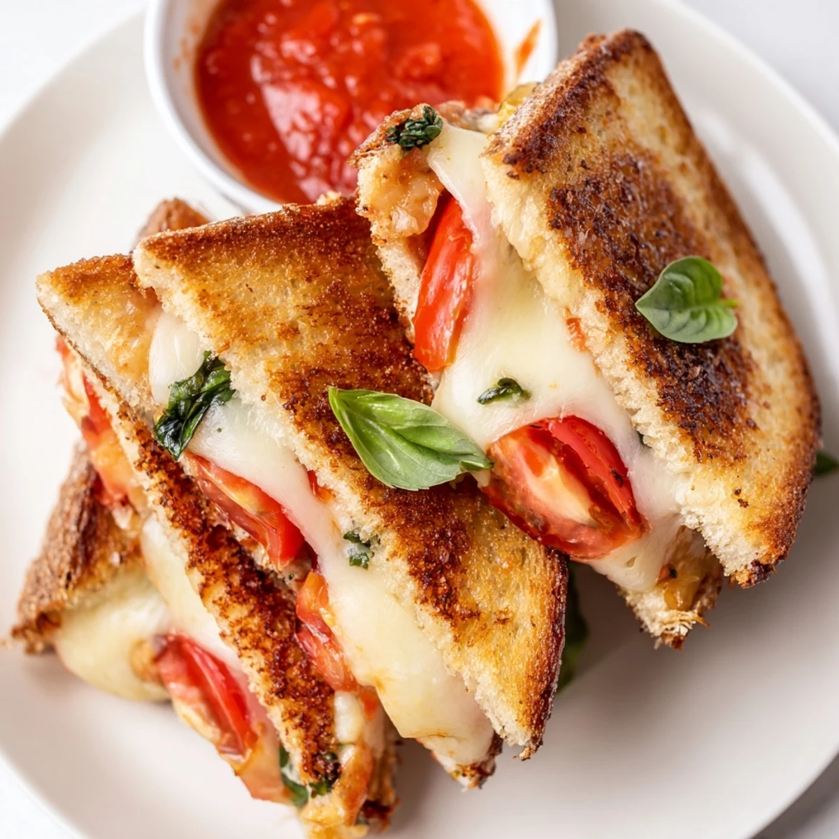 Caprese Grilled Cheese Dippers resting on a platter with a bowl of marinara sauce, perfect for an Italian appetizer.