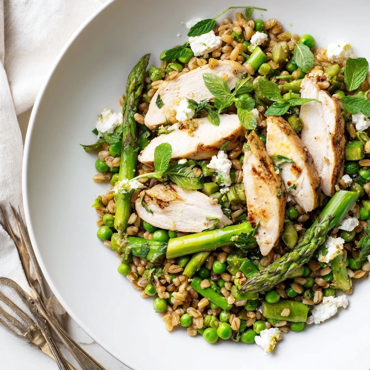 A bowl of Warm Spring Farro Chicken Salad with grilled chicken slices, blanched asparagus, peas, and arugula tossed in a bright lemon vinaigrette.  