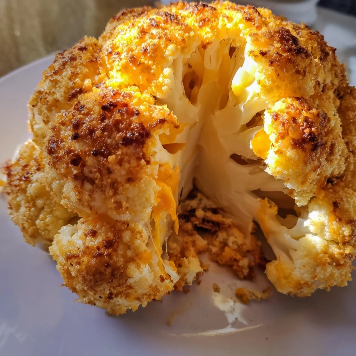 A whole roasted Cheesy Stuffed Cauliflower Head, golden-brown and bubbling with melted cheese, served as a vegetarian main dish.