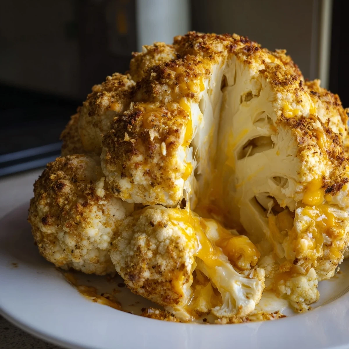 Savory Cheesy Stuffed Cauliflower Head with a creamy filling, garnished with fresh chives and ready to slice at a family dinner.