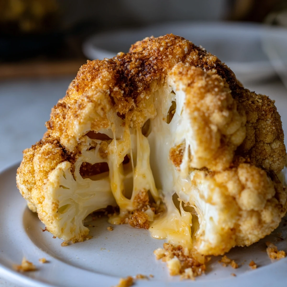 Perfectly baked Cheesy Stuffed Cauliflower Head with a crispy topping, ideal for a gluten-free vegetarian meal alongside a green salad.