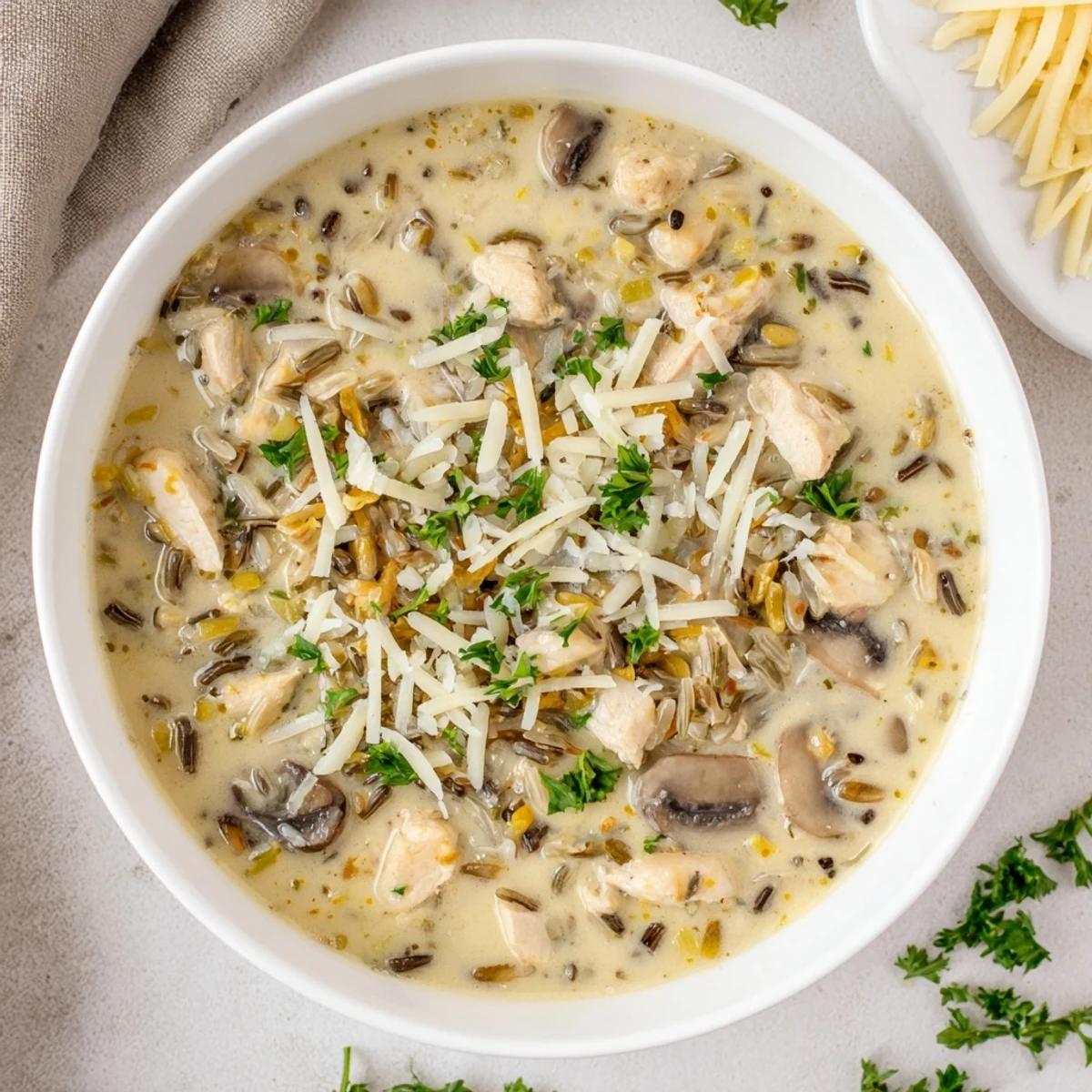 Golden-brown chicken and sliced cremini mushrooms simmer in a creamy Parmesan broth with tender wild rice.