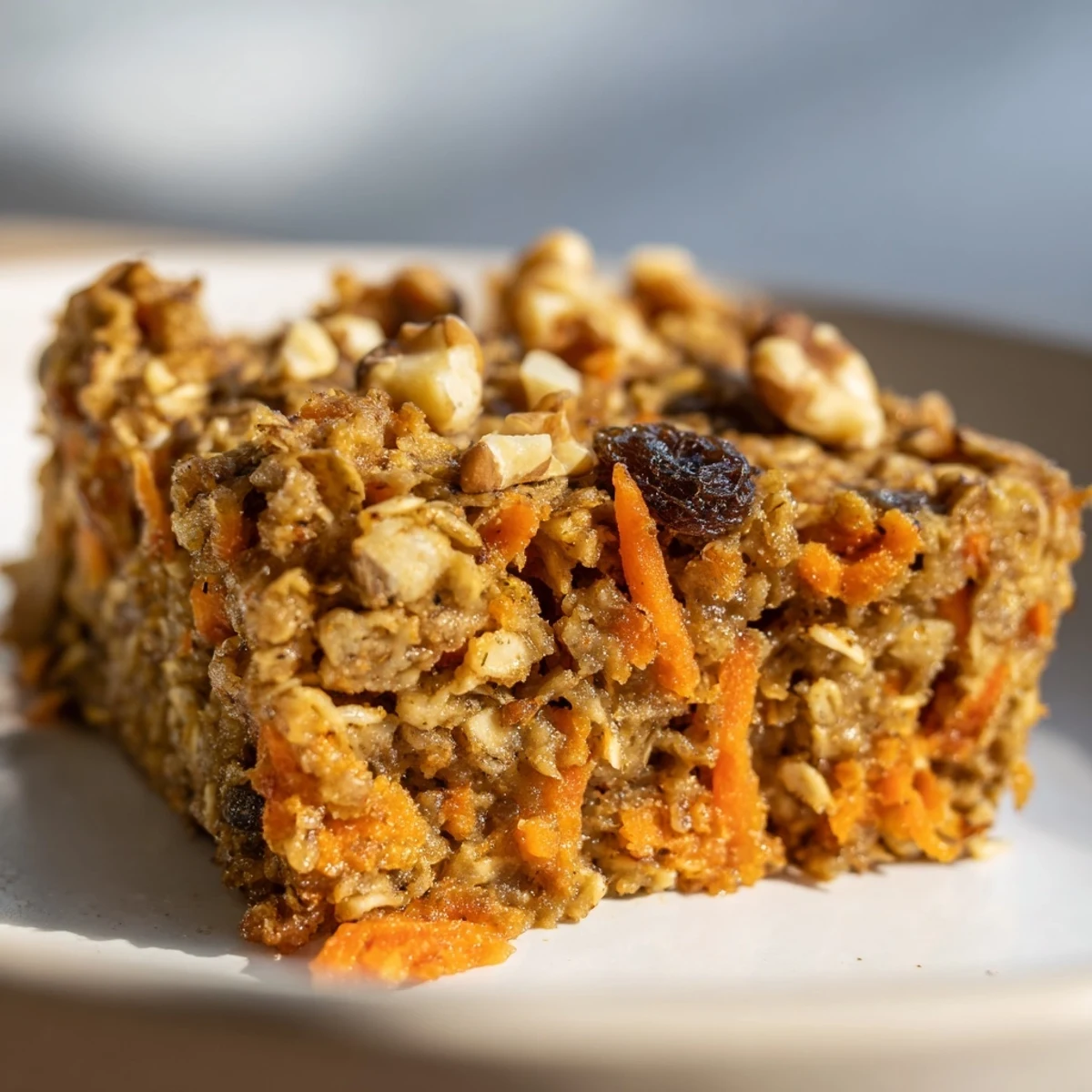 Freshly baked carrot cake baked oatmeal with a golden crust, cinnamon scent, and a side of maple syrup.  