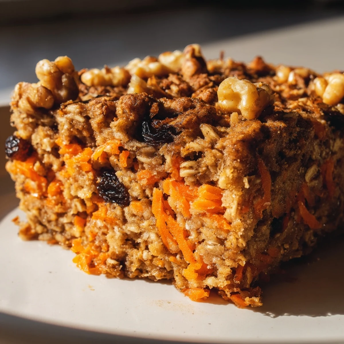 Moist and hearty carrot cake baked oatmeal with tender grated carrots and a sprinkle of chopped walnuts.