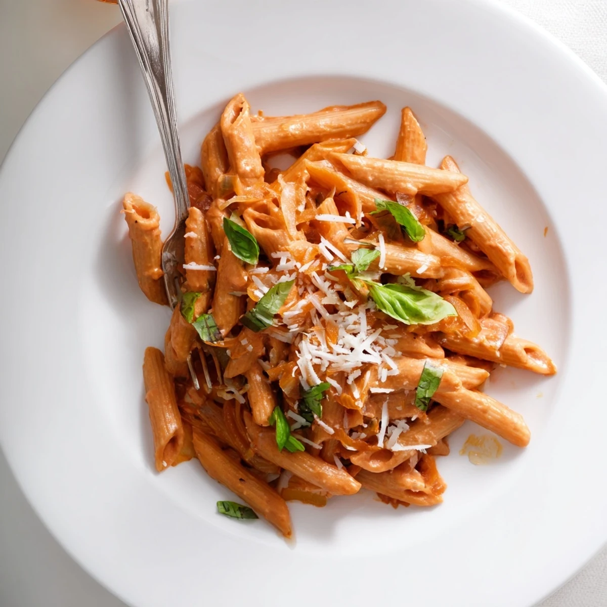 A close-up of Creamy Roasted Red Pepper Pasta with penne coated in a vibrant, creamy orange sauce, garnished with fresh basil.
