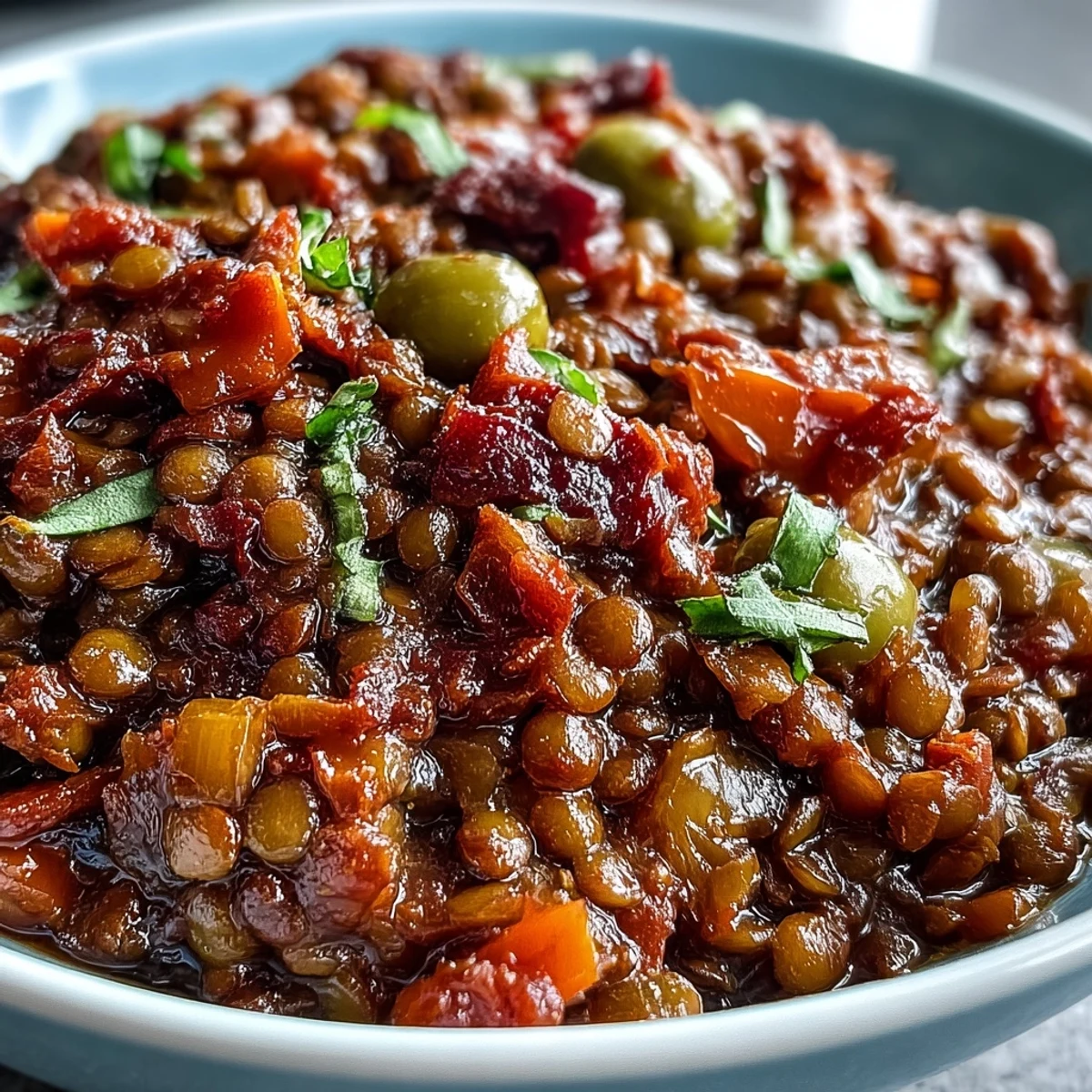 Steaming Cuban-Inspired Lentil Picadillo served over white rice garnished with fresh cilantro.