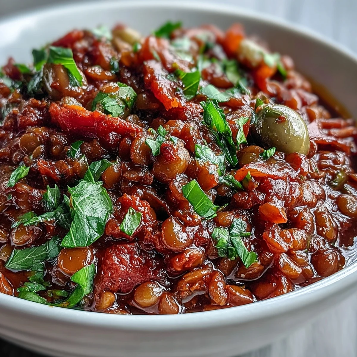 Vibrant vegan Cuban-Inspired Lentil Picadillo next to sweet fried plantains on a rustic plate.