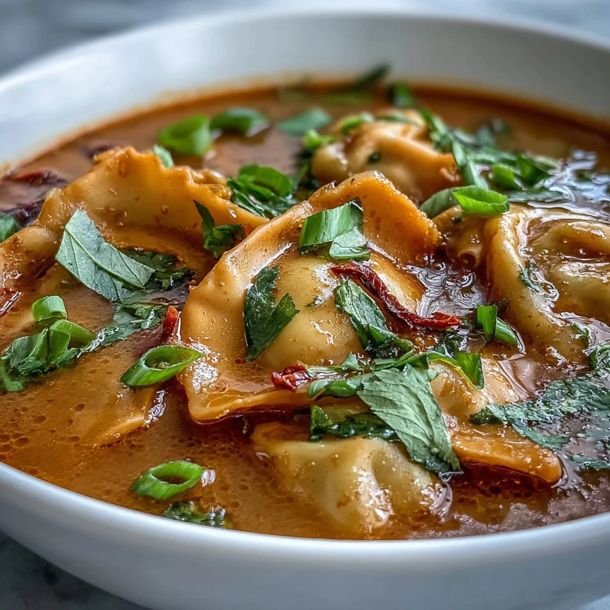 Steaming bowls of Red Curry Wonton Soup with vibrant greens.