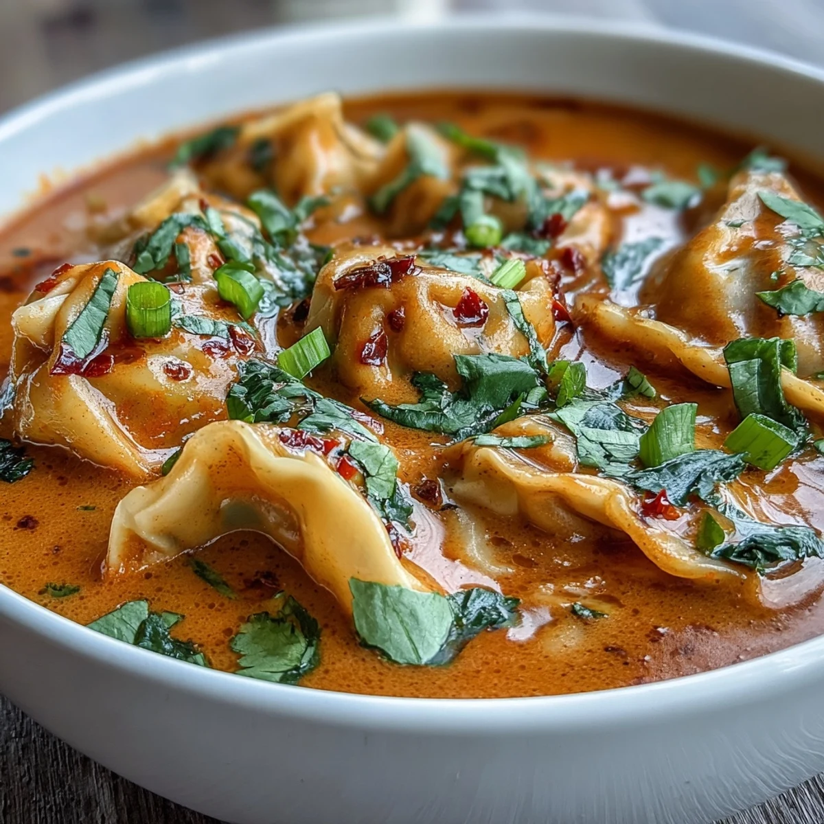 Fragrant Red Curry Wonton Soup with tender wontons and fresh greens served.