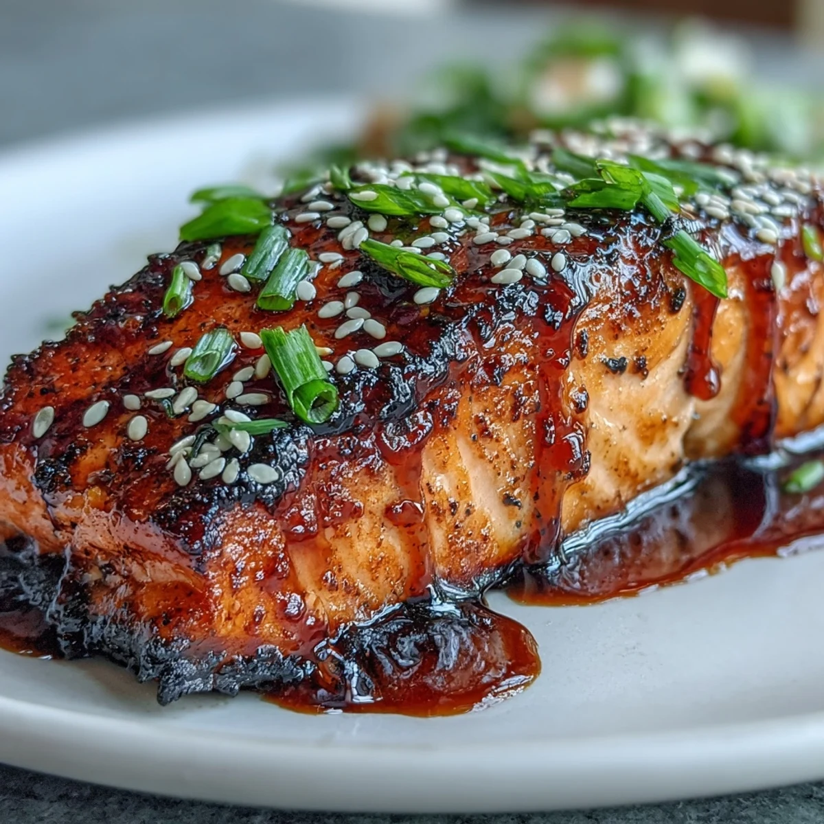 A close-up of Maple Soy Glazed Salmon, its glossy, caramelized surface glistening, served with crisp-tender vegetables and a wedge of fresh lime.