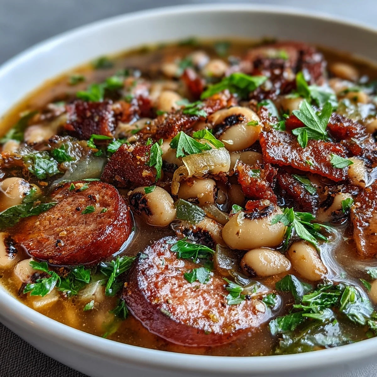 Simmering Southern-style black-eyed peas with smoky sausage, aromatic vegetables, and vibrant Creole spices in a Dutch oven.  