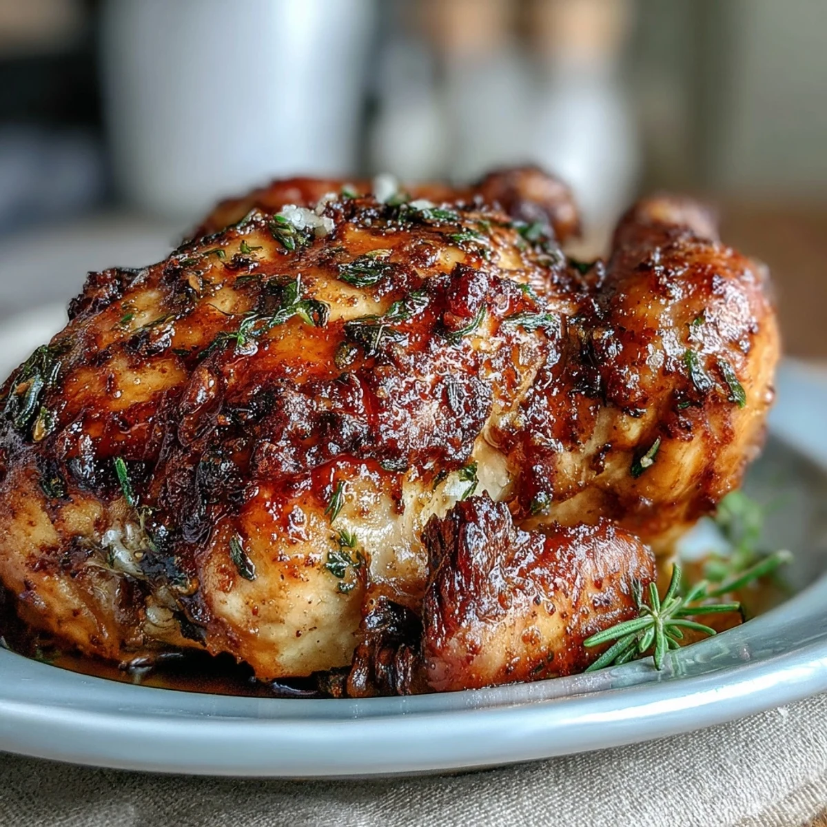 Roasted Chicken with Pot Potatoes, Lemon Herbs, and Feta is plated on a white dish, featuring juicy slices beside buttery potatoes and fresh herbs.