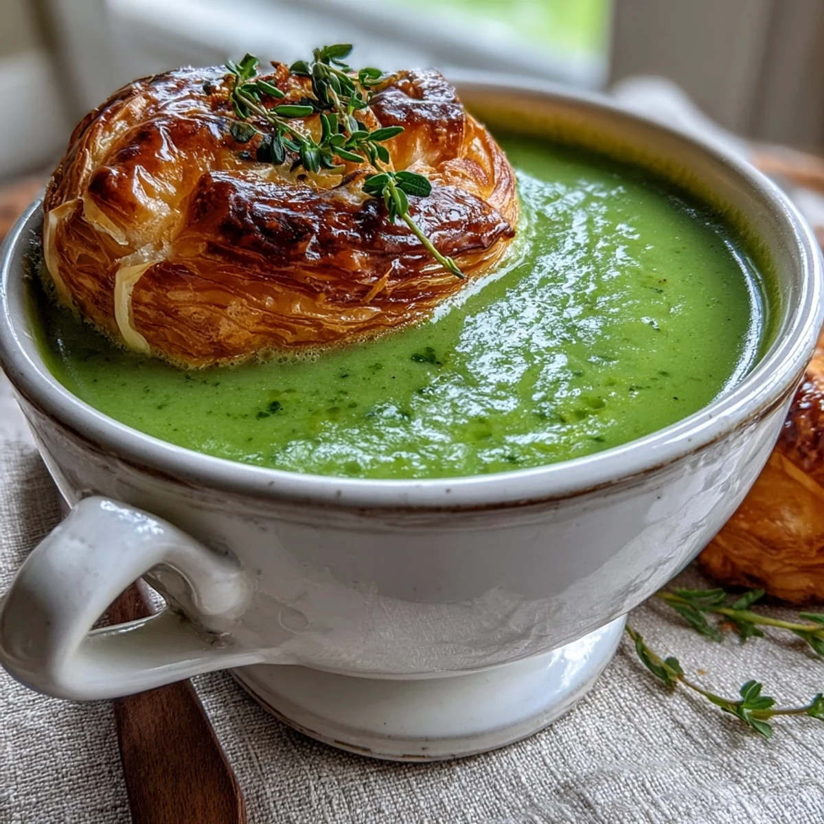 A bowl of creamy broccoli and butternut squash soup garnished with a golden, flaky brie and cheddar pastry.