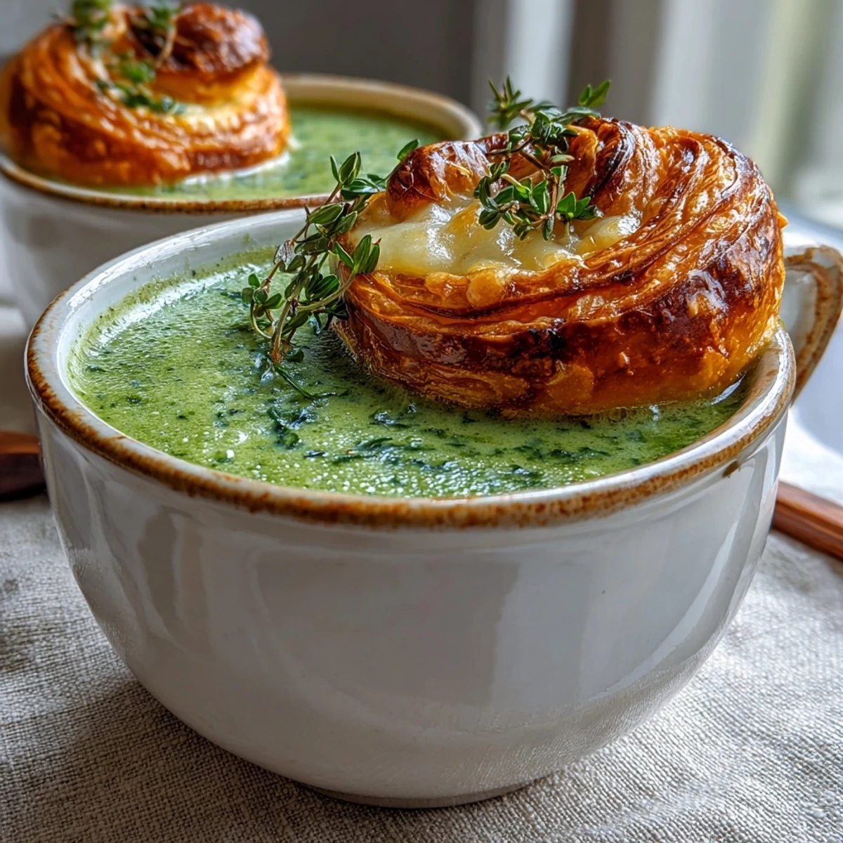 Velvety Creamy Broccoli and Butternut Squash Soup With Pastries, served hot for a comforting vegetarian meal.