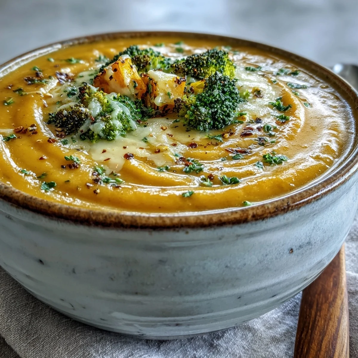 A bowl of creamy butternut squash broccoli cheddar soup garnished with fresh chives.