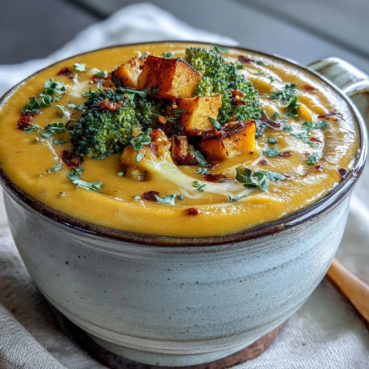 A warm serving of butternut squash broccoli cheddar soup with crusty bread for dipping.