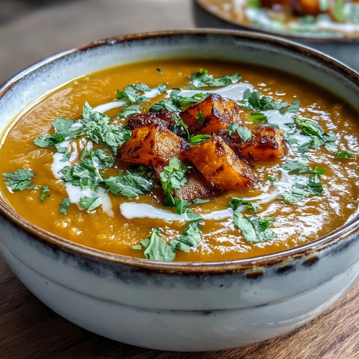 Silky golden Butternut Squash and Lentil Soup swirls in a rustic bowl, garnished with cilantro and a coconut cream drizzle.