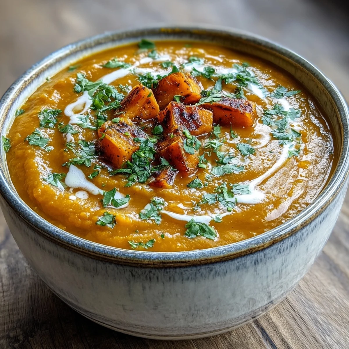 A hearty bowl of Butternut Squash and Lentil Soup topped with fresh cilantro, served next to warm crusty bread for dipping.