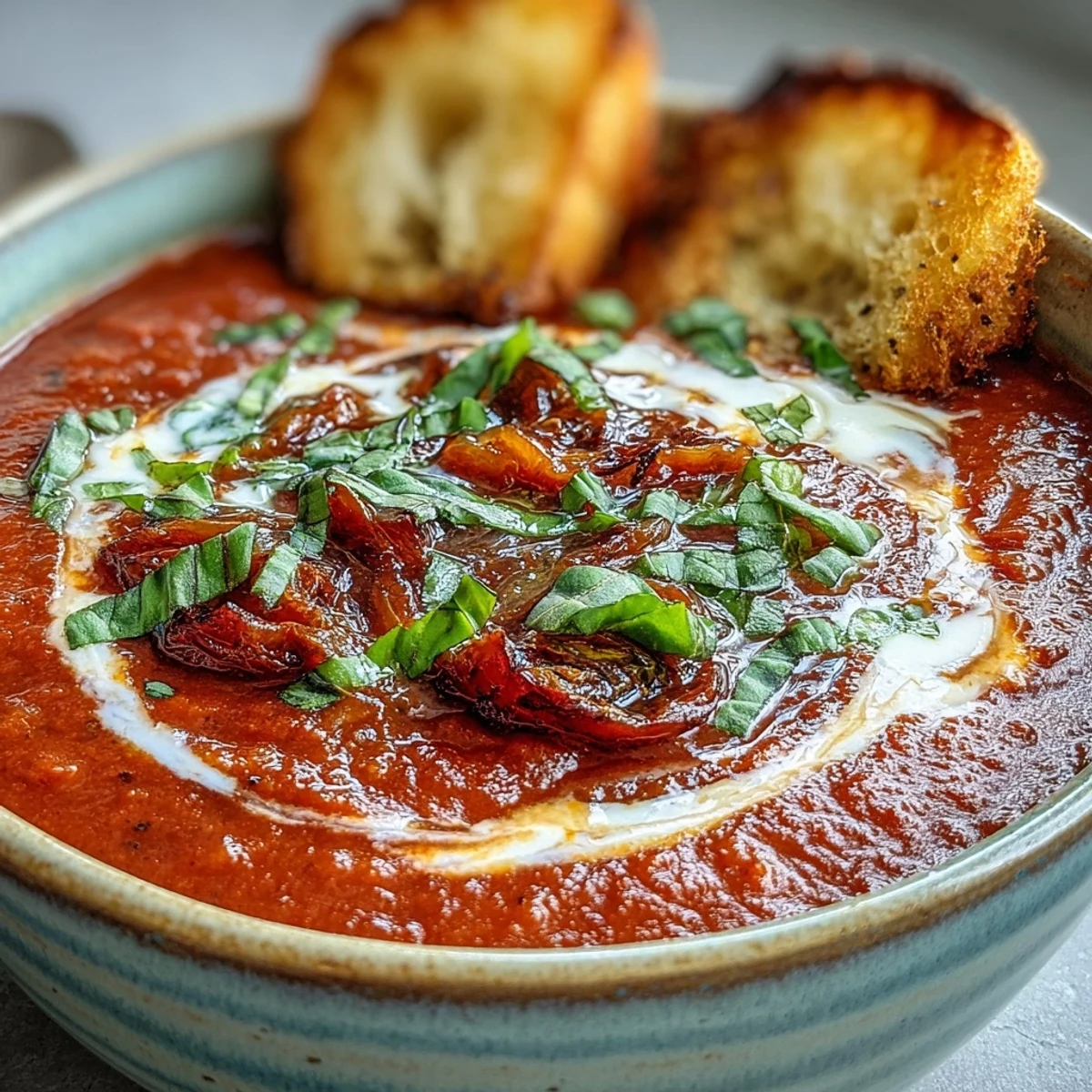 A bowl of roasted tomato basil soup topped with fresh basil and a swirl of cream, served alongside crispy croutons.