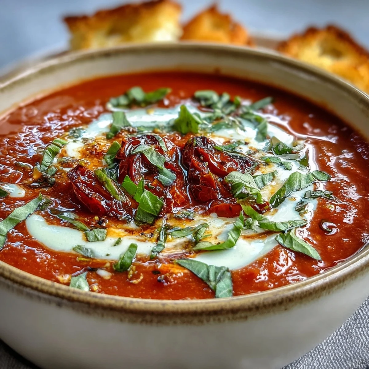 Silky smooth roasted tomato basil soup in a rustic white bowl, garnished with fresh basil and a drizzle of olive oil.