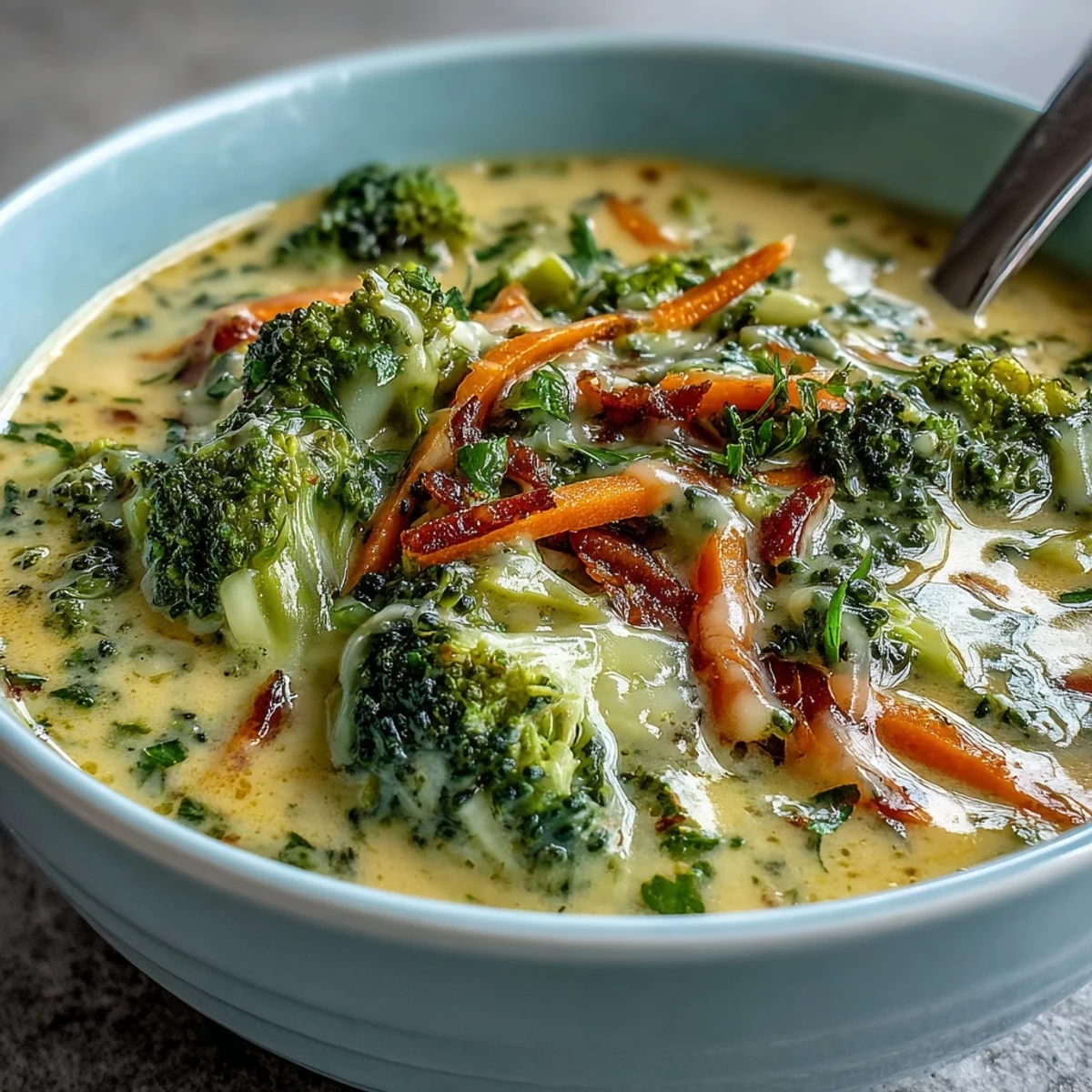 A warm bowl of homemade Broccoli Cheddar Soup, featuring creamy cheddar, tender broccoli florets, and sweet carrots.