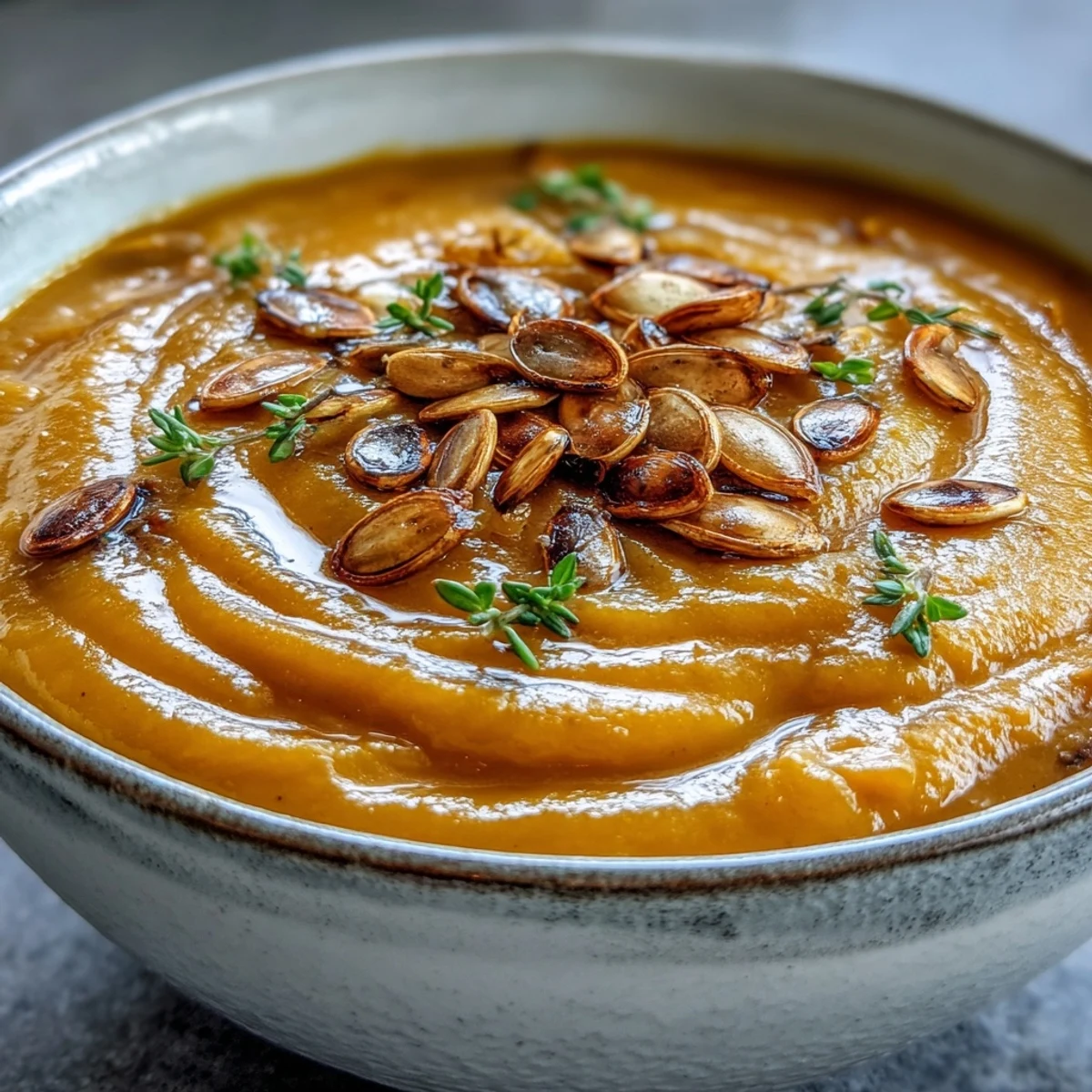 Warm bowl of Easy Roasted Butternut Squash Soup with a drizzle of cream.