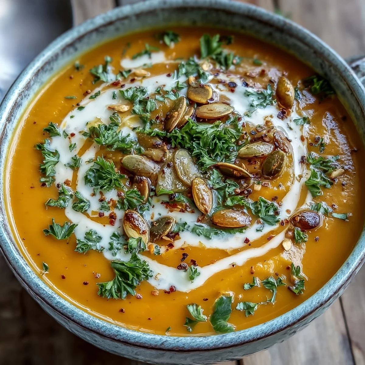 Roasted Broccoli and Butternut Squash Soup in a white bowl, featuring vibrant green and orange puree and a garnish of fresh parsley.