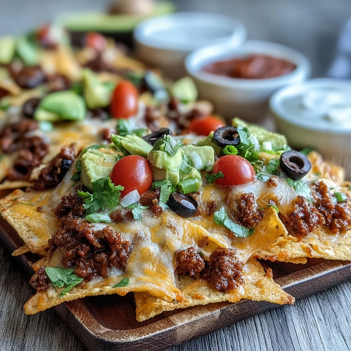 Golden baked nachos with savory ground beef, melted cheddar, and Monterey Jack, topped with diced tomatoes and jalapeños.