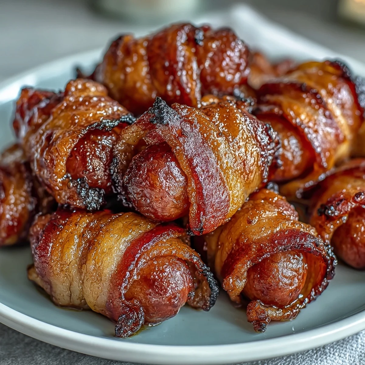 Savory Bacon-Wrapped Smokies arranged on parchment, showcasing the crispy bacon and tender sausage filling.