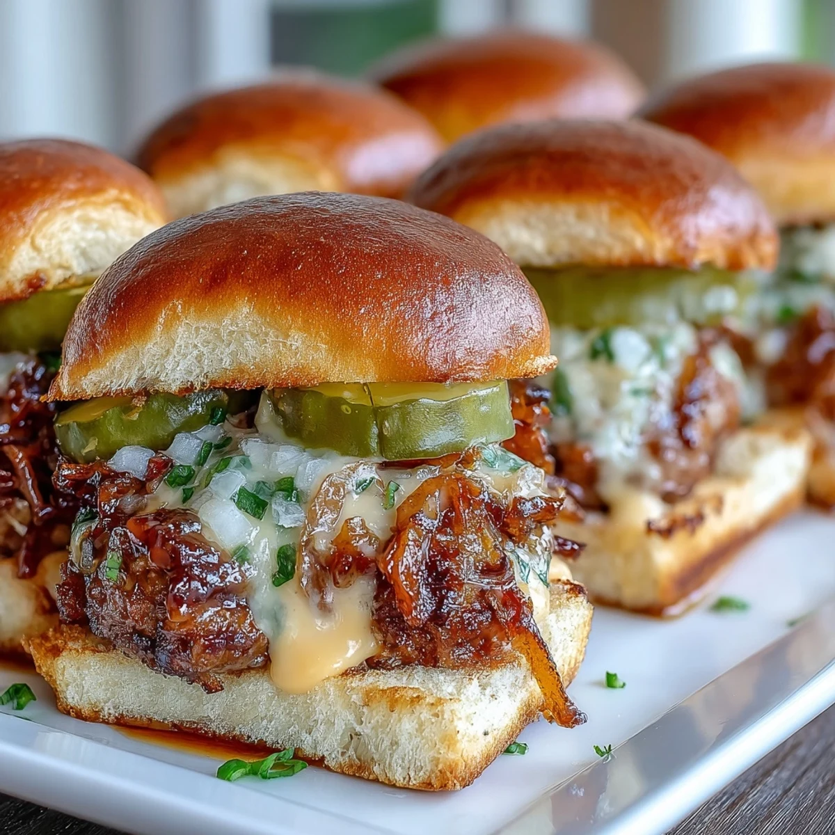 Golden-brown Touchdown Brat Sliders, bratwurst patties layered with beer cheese sauce and caramelized onions on soft buns.