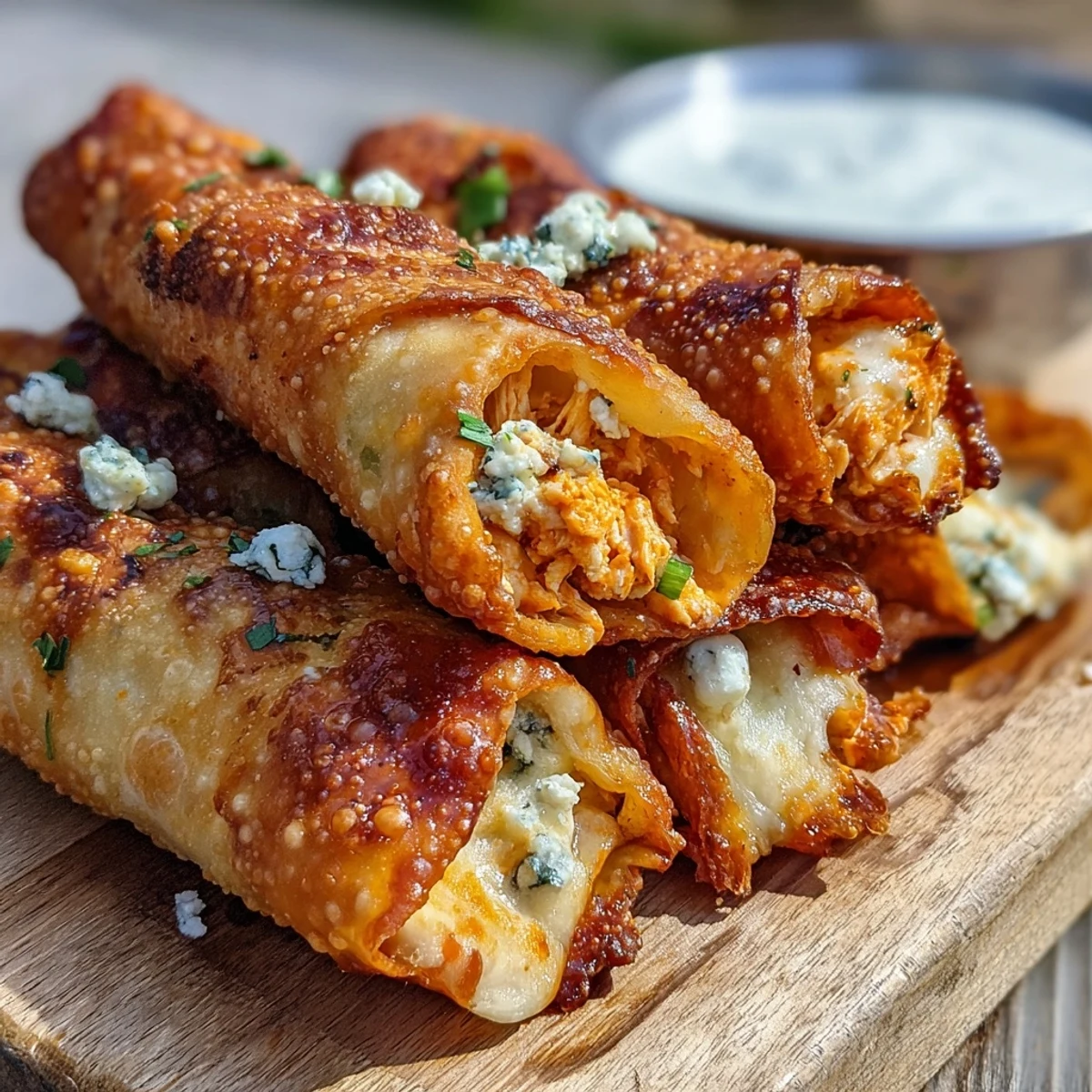 Golden-brown Buffalo Chicken Egg Rolls stacked on a white plate, served with a small bowl of creamy blue cheese dip.