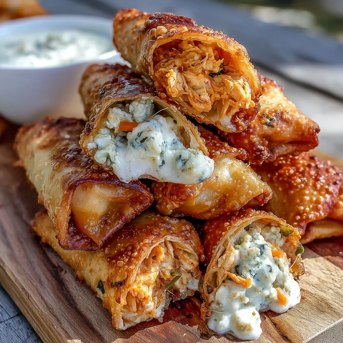 A hand dipping a crispy Buffalo Chicken Egg Roll into ranch dressing beside scattered celery sticks.
