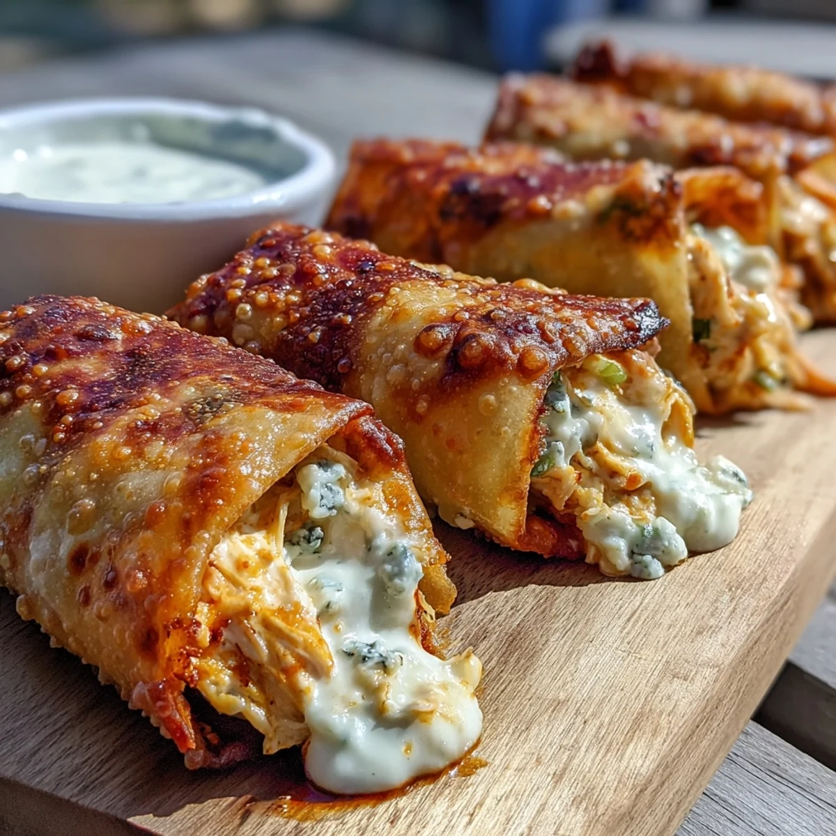 Freshly fried Buffalo Chicken Egg Rolls rest on a wire rack, steam rising from the golden, crunchy wrappers.