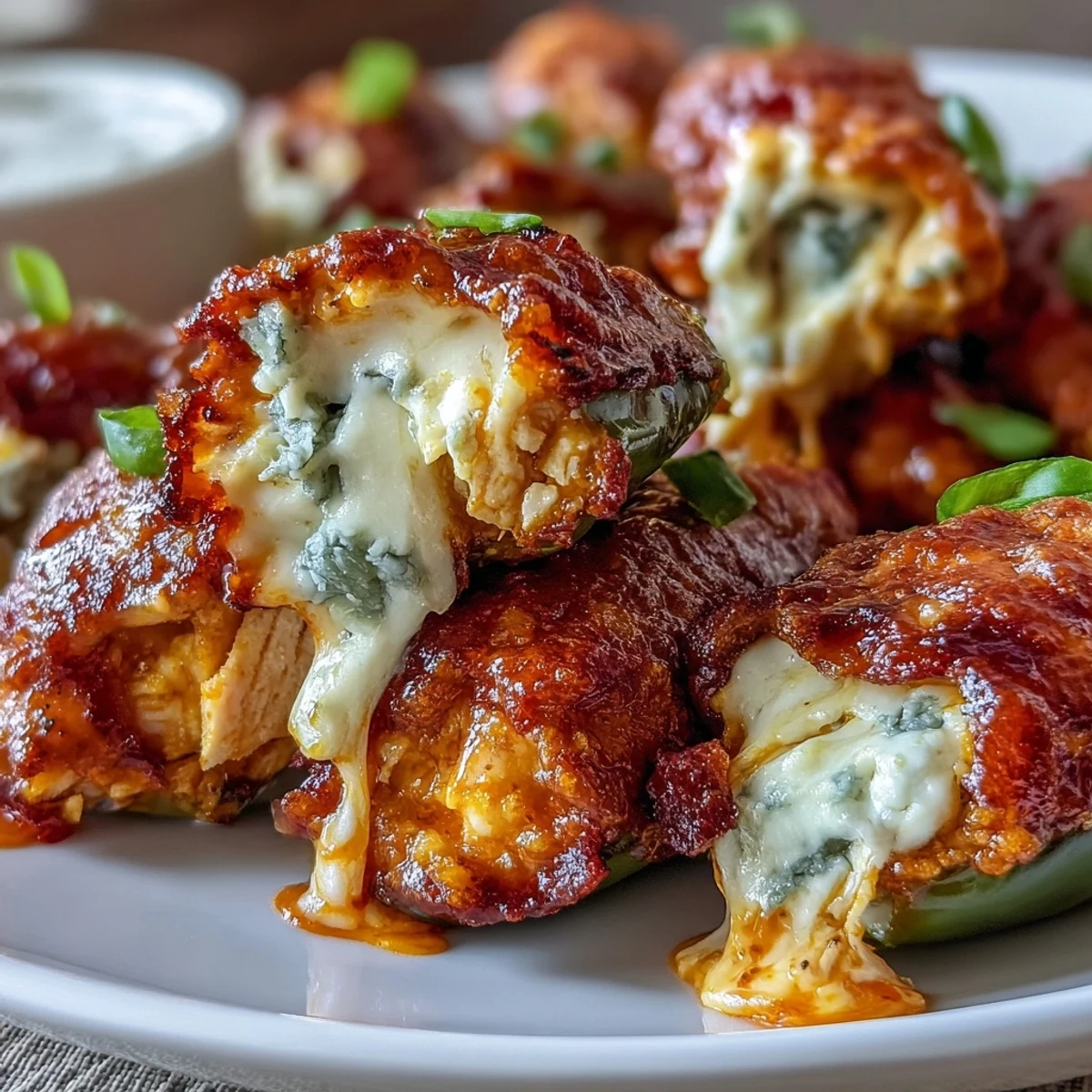 Golden brown Buffalo Wing Poppers with spicy baked jalapeños, filled with shredded chicken, blue cheese, and tangy buffalo sauce.