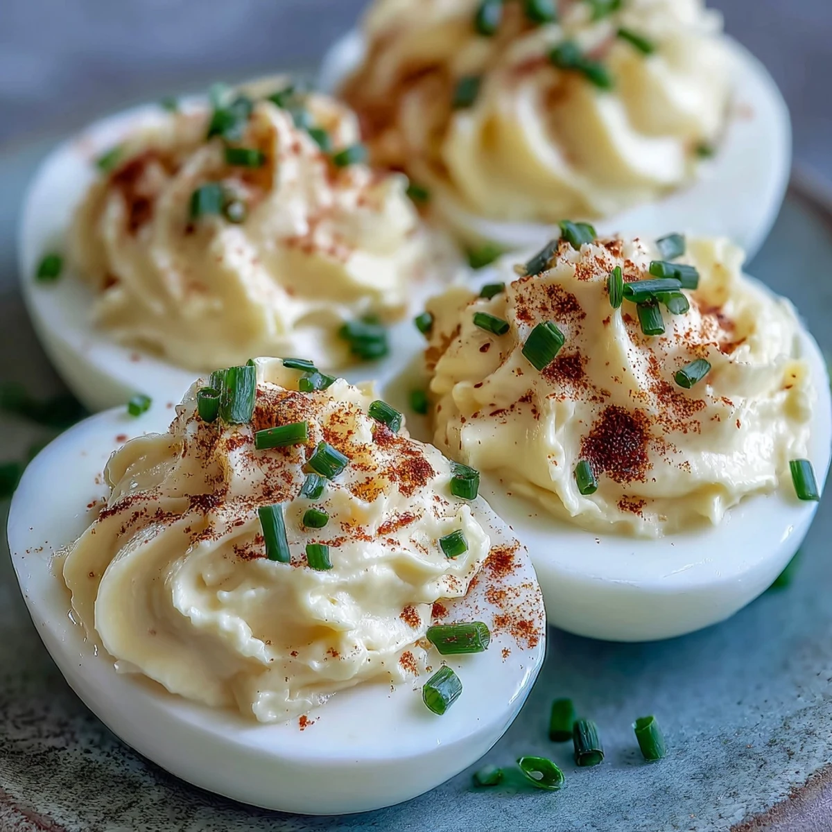 Million Dollar Deviled Eggs arranged neatly on a serving platter, their smooth filling dusted with paprika. Garnished with chopped chives for a pop of color.