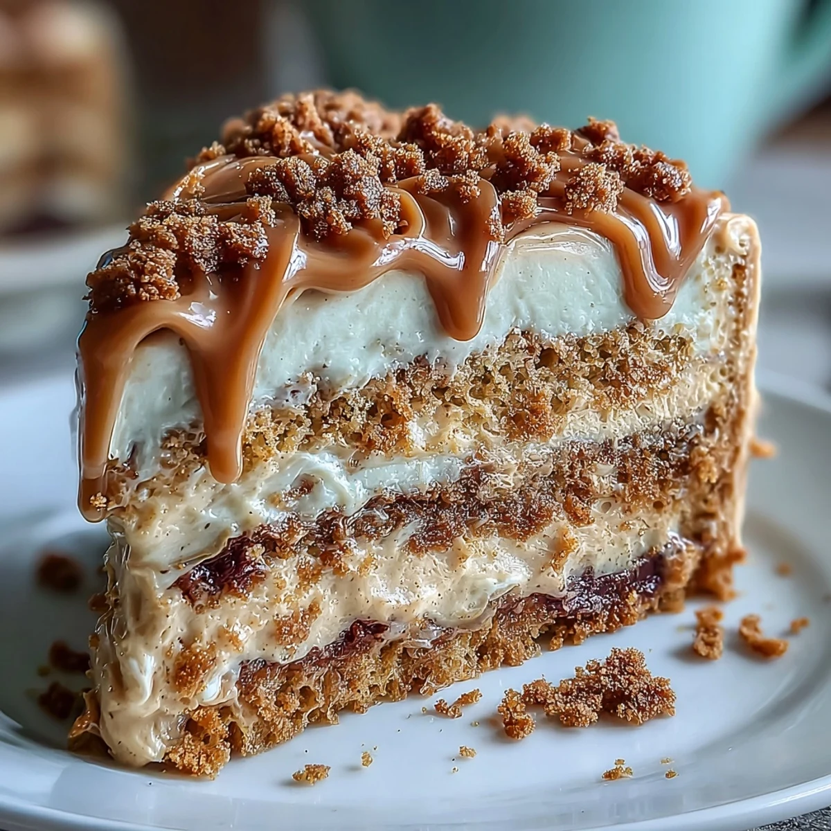 Dessert lovers enjoy a plated slice of Decadent Baked Biscoff Cake drizzled with warm Lotus spread.