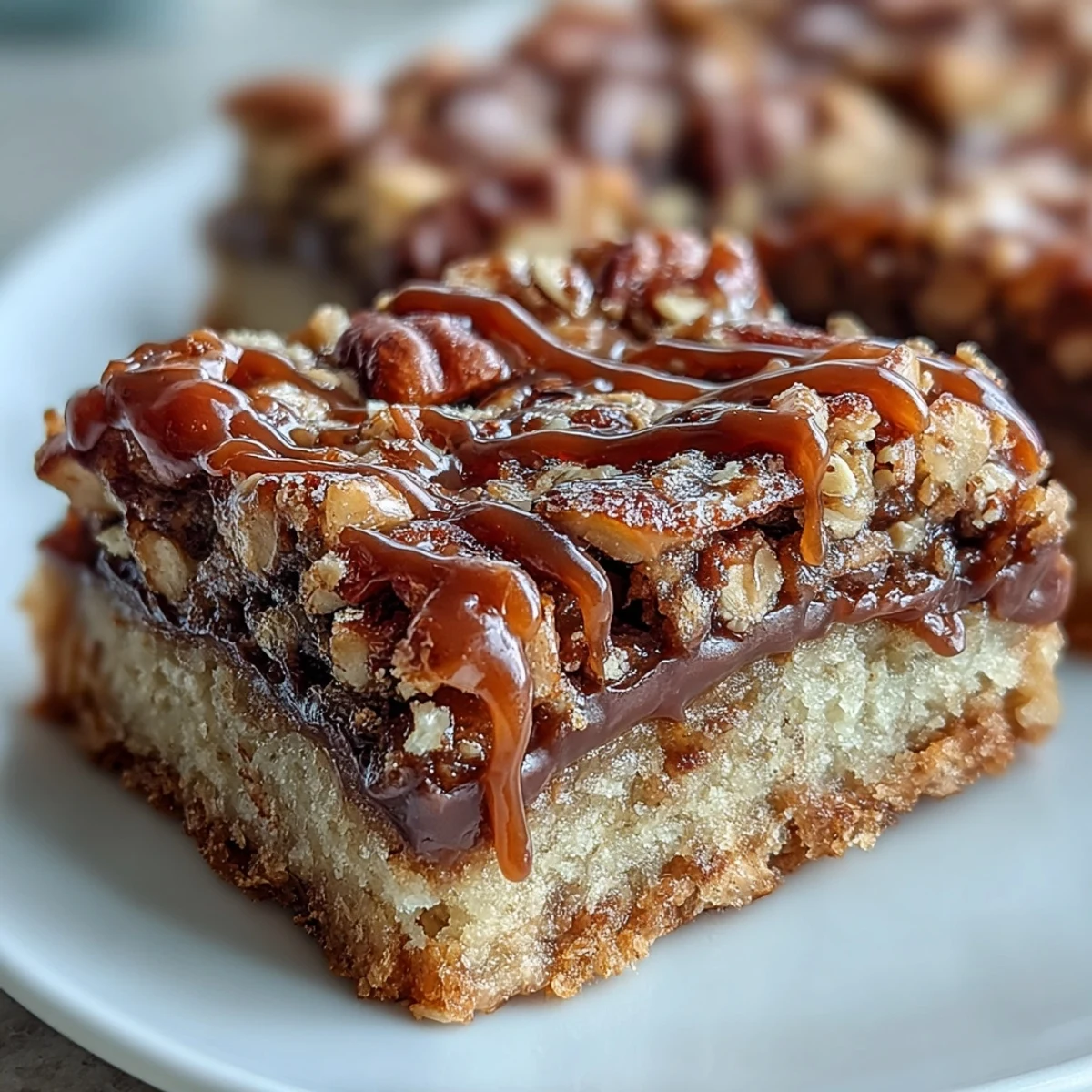 Golden-brown Decadent Sweet and Chewy Turtle Bars with chocolate and caramel.