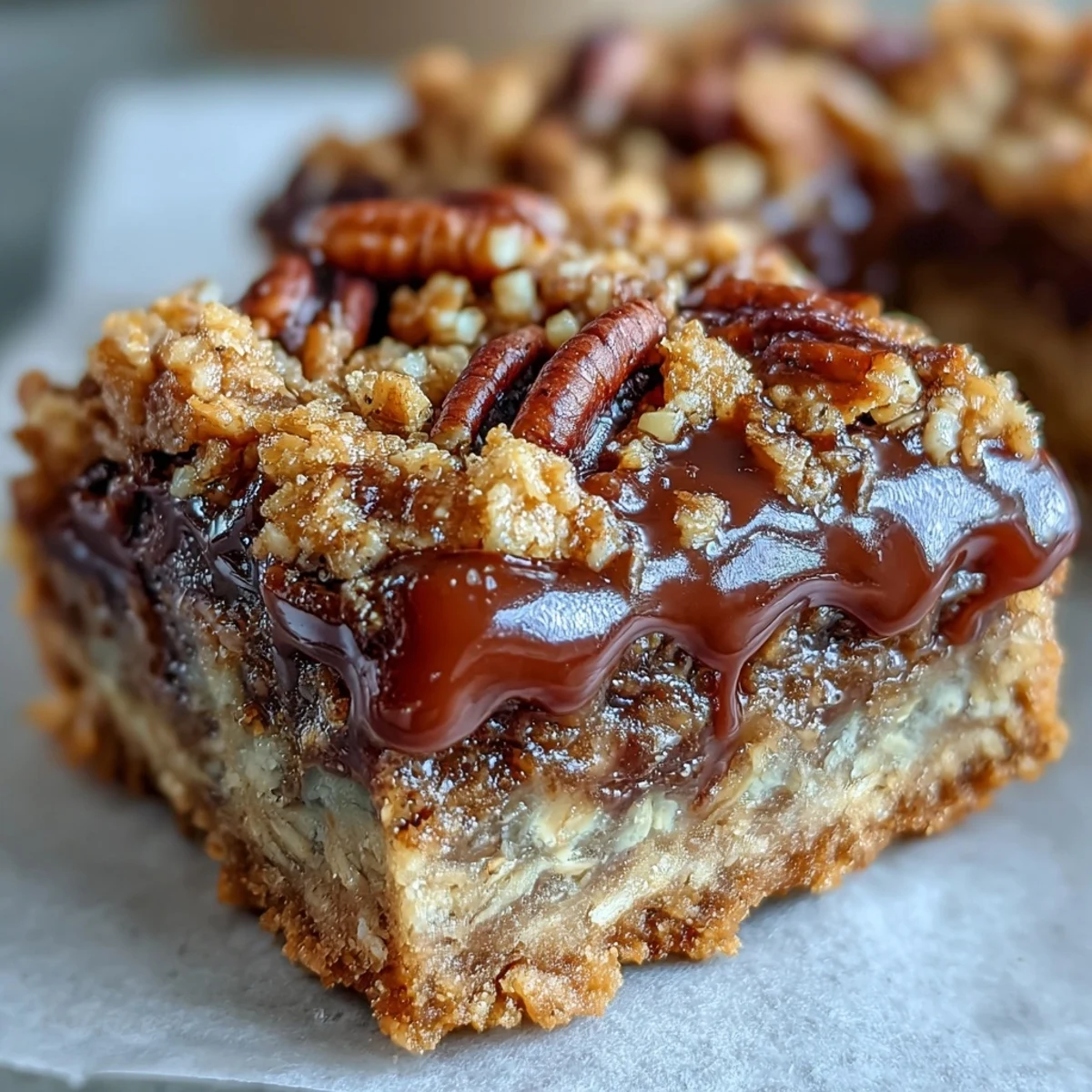 Close-up of a bite-sized Decadent Sweet and Chewy Turtle Bar revealing caramel and chocolate.