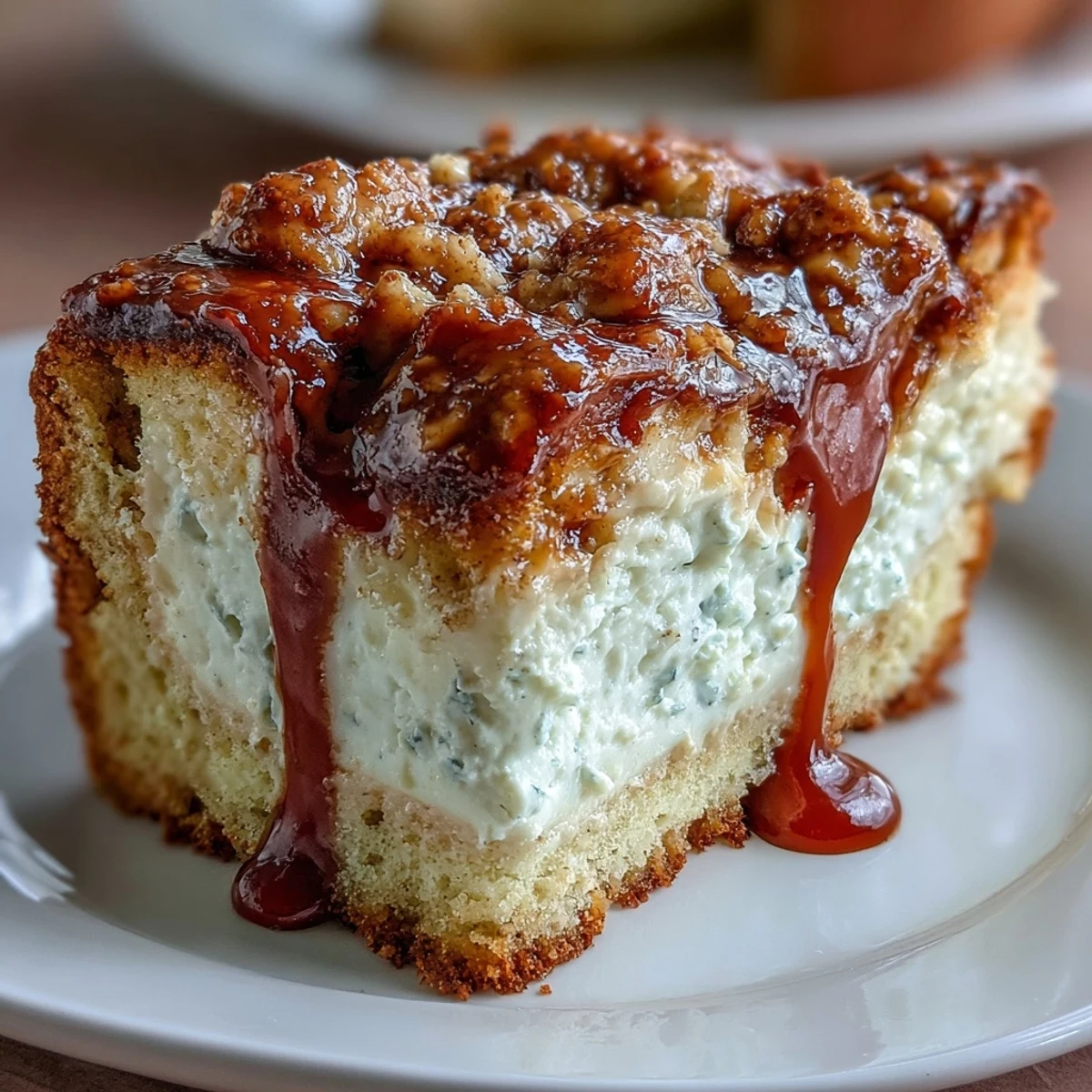 Freshly baked Caramel Cream Cheese Bread loaf with a golden crust, cut to reveal the creamy cheesecake center and sweet caramel swirl.