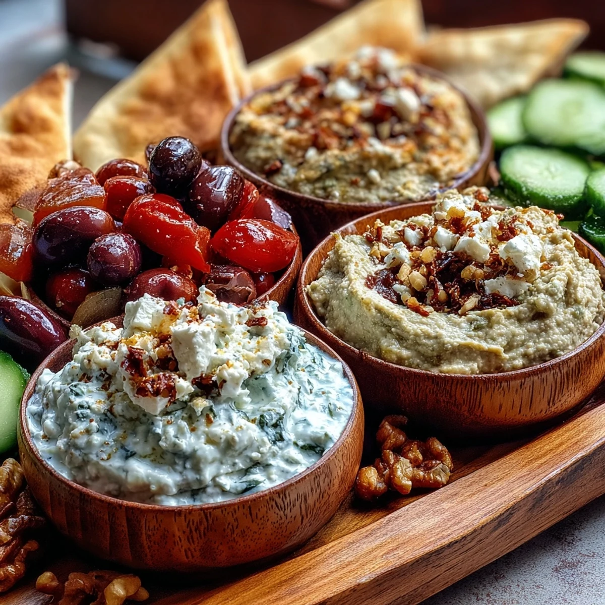 A vibrant Mediterranean Brunch Board with creamy hummus, smoky baba ganoush, and tzatziki surrounded by crisp veggies and feta.