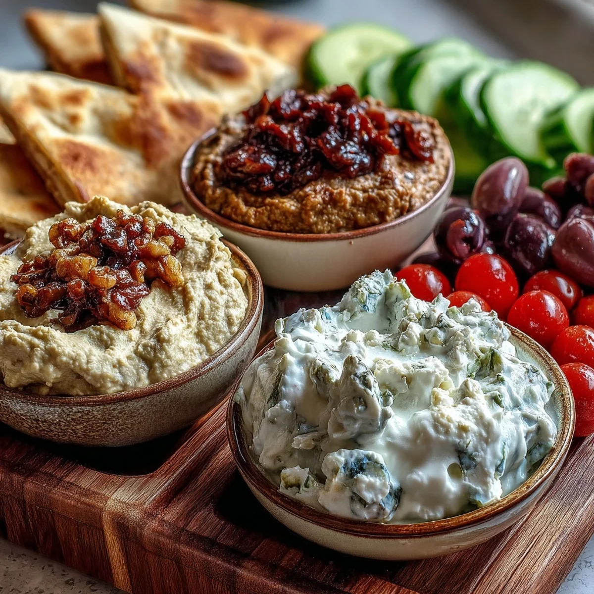 Savory Mediterranean Brunch Board with dips, crumbled feta, and golden flatbread triangles, perfect for sharing at a weekend gathering.