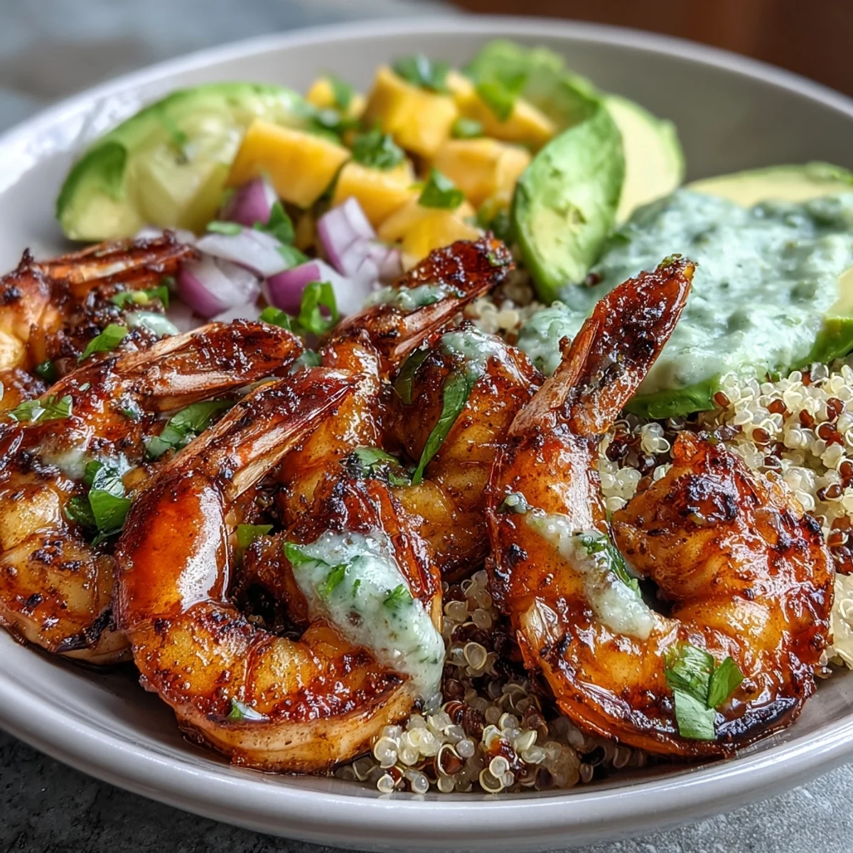 Fresh Shrimp and Creamy Avocado Bowls with Zesty Mango Salsa and Lime Chili Sauce are topped with bright mango salsa and drizzled with spicy lime chili sauce.